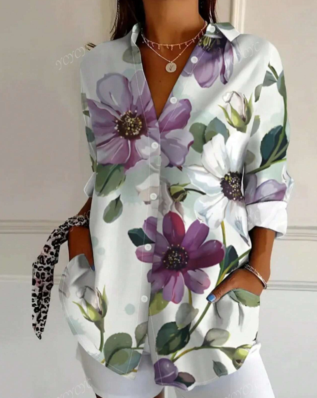 Women's Elegant Floral Print Ruffle Sleeve Casual Loose Blouse