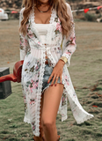 Swim Floral Print Contrast Lace Split Hem Kimono,Summer Beach