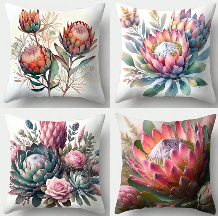 4pcs Floral Print Cushion Covers,Vibrant Pink And Orange Protea Design, Zip Closure, Contemporary Style