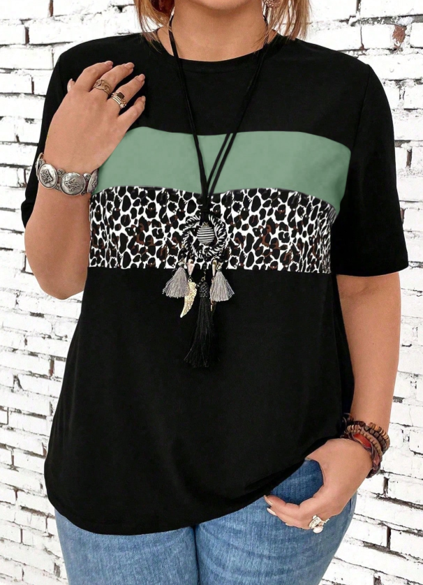EMERY ROSE Plus Size Women's Leopard Print Splice Short Sleeve T-Shirt Graphic Cheetah Print Tees