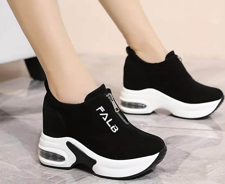 Stylish Women's Black Front Zip Simple Elastic Thick-Soled Casual Sports Shoes