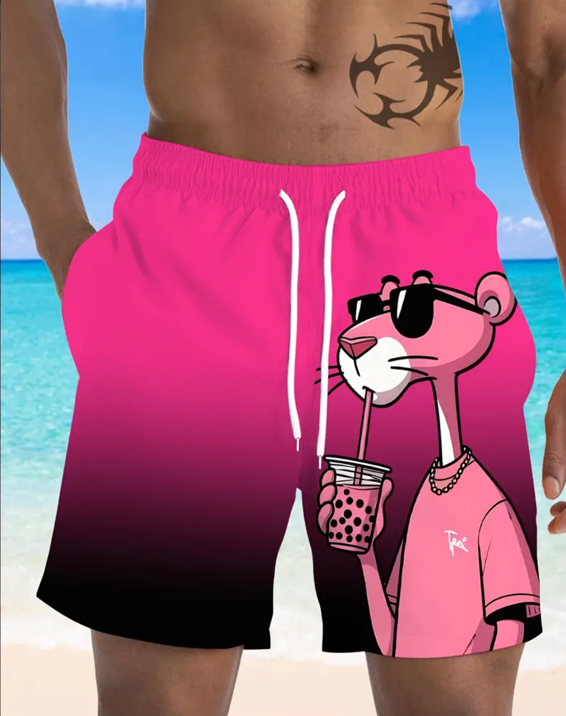 Men's 3D Digital Print Shorts with Cartoon Pink Panther Graphic