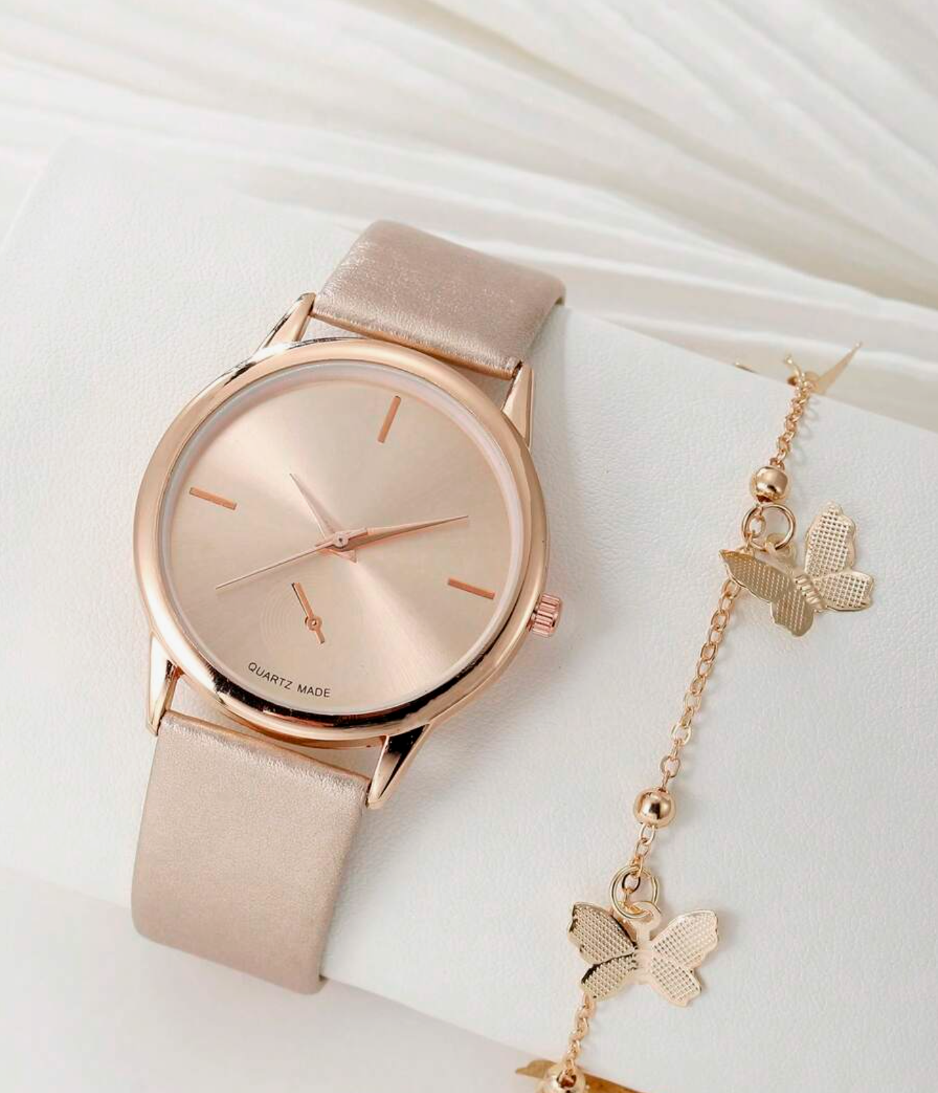 1pc Ladies Watch Rose Gold PU Polyurethane Strap Glamorous Letter Graphic Round Dial Quartz Watch & 1pc