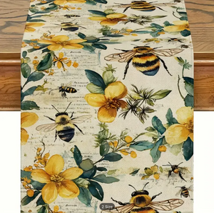 1pc Vibrant Bee & Floral Tablecloth - Linen with Yellow Flowers & Bees,