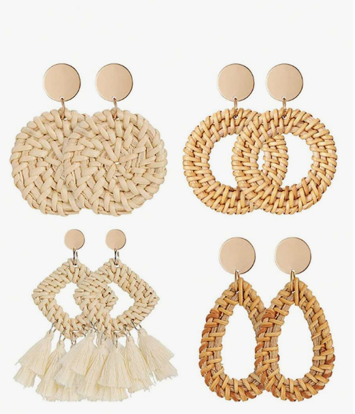 4 Pairs Wicker Woven Geometric Tassel Earrings, Handmade Rattan & Straw Circular Drop