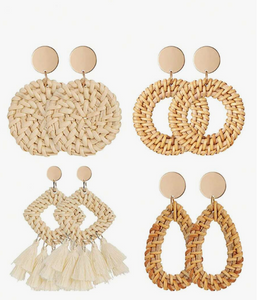 4 Pairs Wicker Woven Geometric Tassel Earrings, Handmade Rattan & Straw Circular Drop