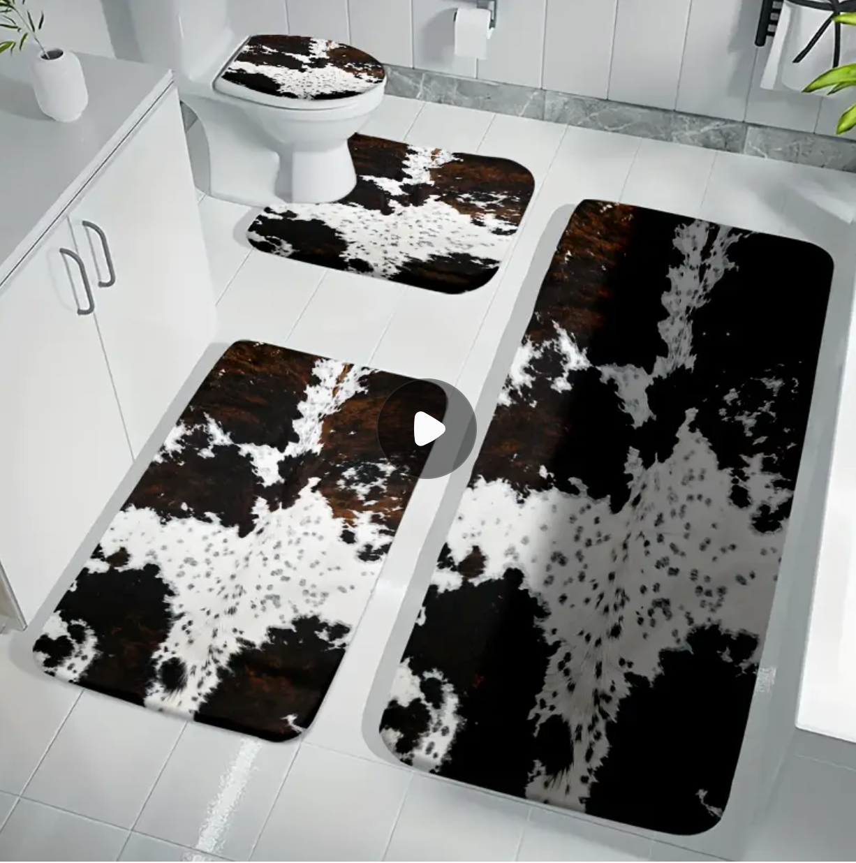 4pcs Bathroom Non-Slip Mat Set, Luxurious Cowhide Shower Curtain: