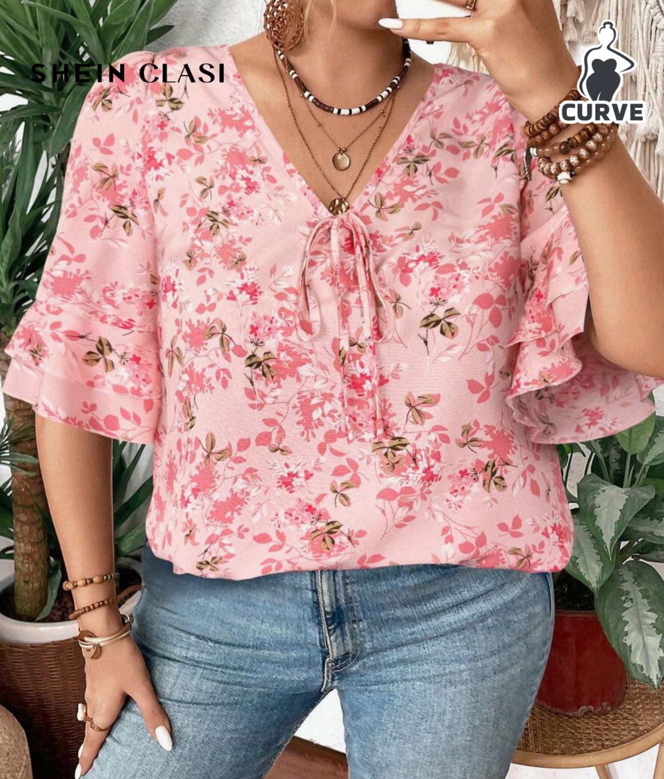 SHEIN Clasi Women V-Neck Floral Print Ruffle Double Layer Mid Sleeve Blouse