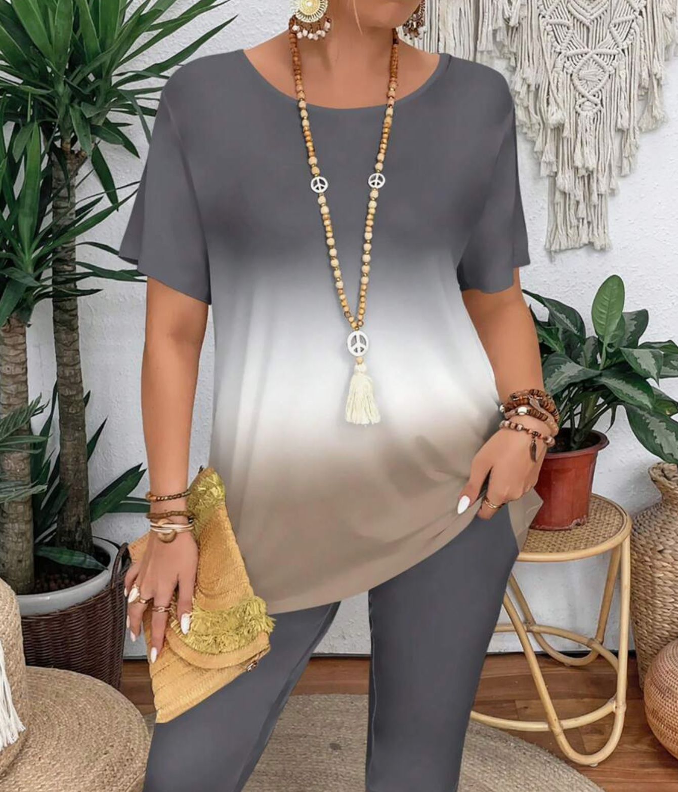 Gradient Color Round Neck Short Sleeve T-Shirt And Leggings 2pcs Plus Size Outfit