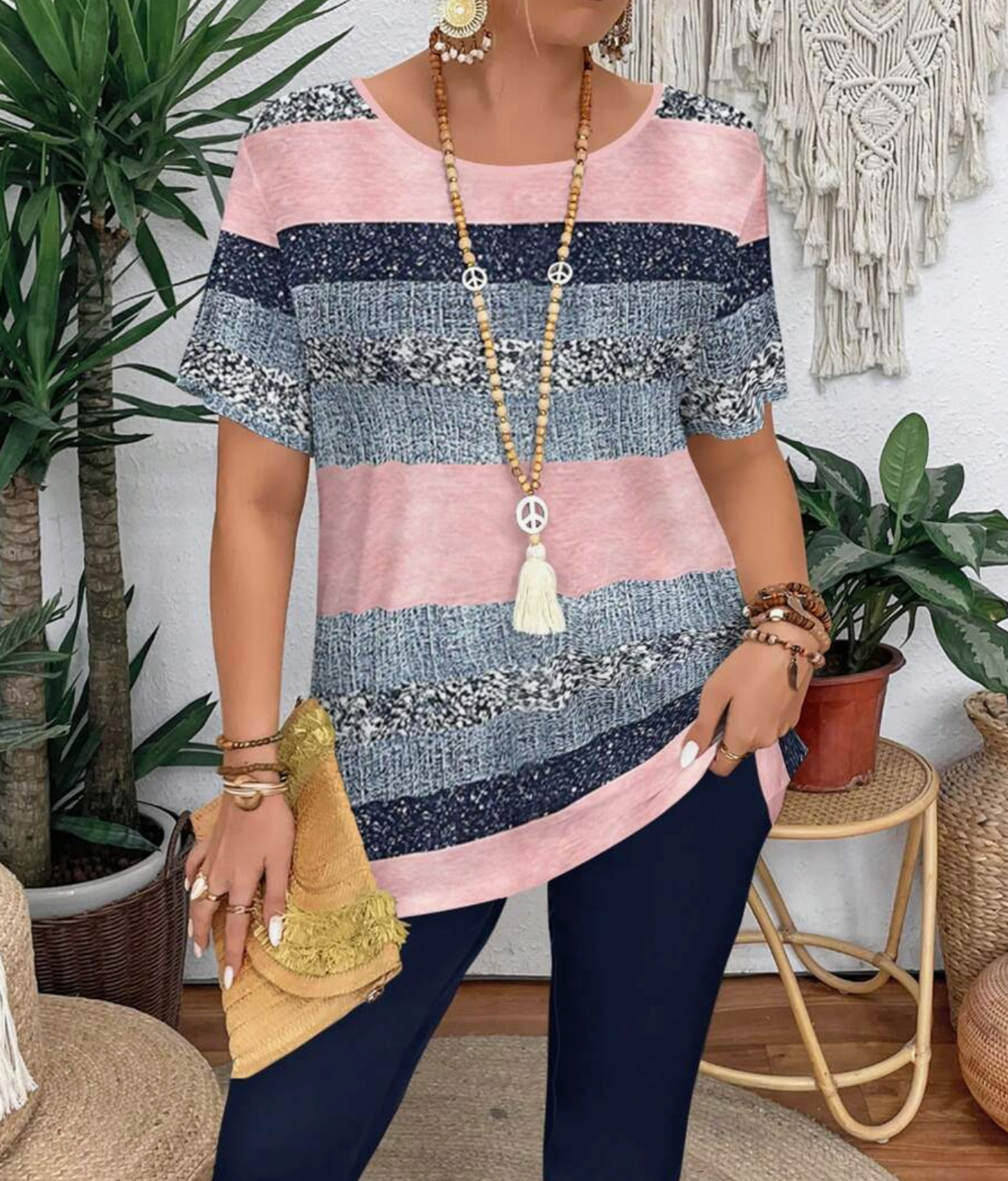 WomensFashion Striped Digital Print Round Neck Short Sleeve T-Shirt And Leggings 2pcs Outfit For