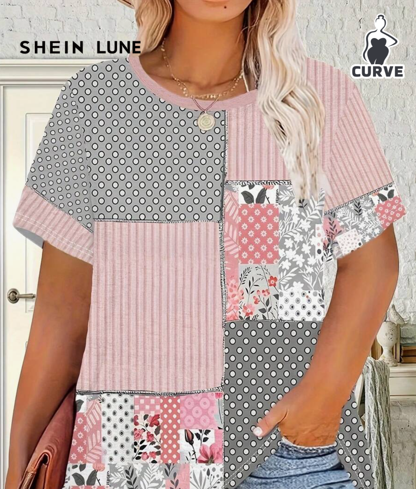 SHEIN LUNE Plus Size Women's Flower Stitching Printed Casual Round-Neck Vacation Short-Sleeved T-Shirt