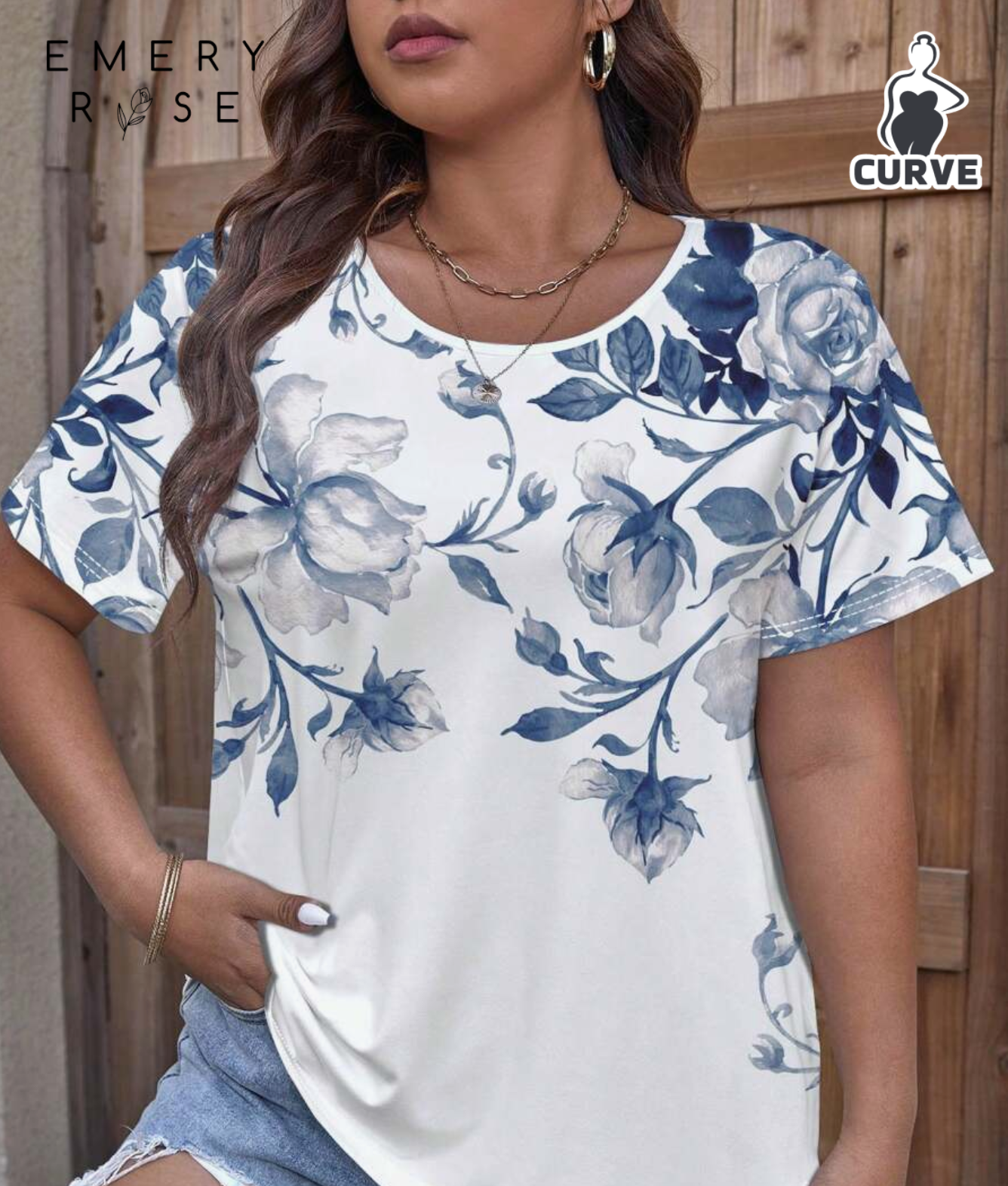 EMERY ROSE Summer Casual Floral Print Loose Round Neck Plus Size Women T-Shirt