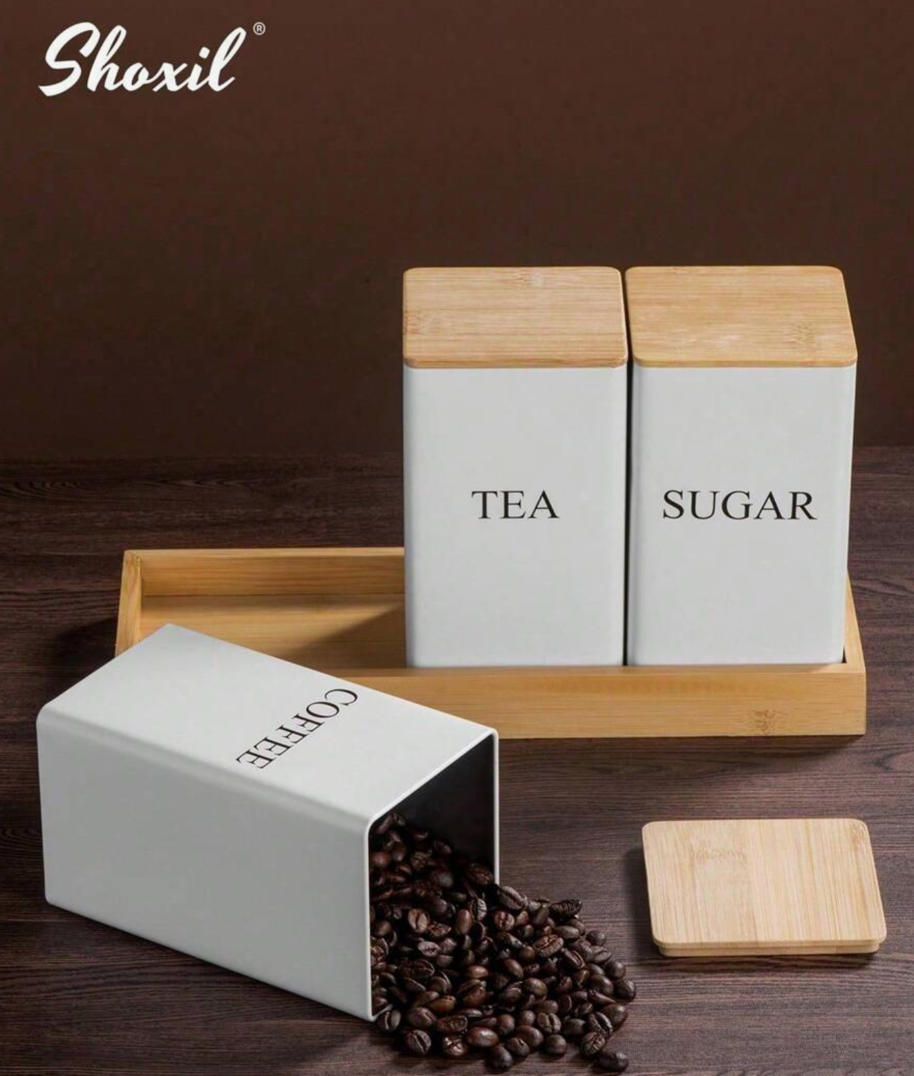 White shoxil 3pcs Coffee Tea Sugar Canister Set For Kitchen Countertop, Metal Canisters With Airtight Bamboo