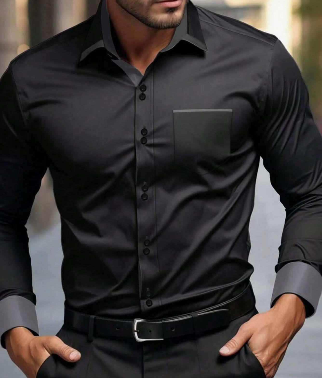Manfinity Mode Men's Casual Simple Contrast Color Patch Pocket Front Button Long Sleeve Shirt
