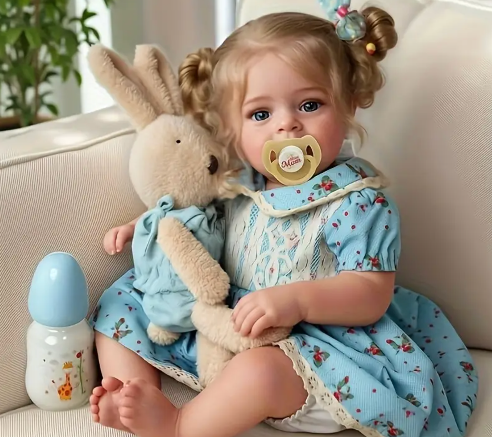 50.8 cm Realistic Reborn Baby Doll with Blue Dress & Bunny, Vinyl Baby Fat Limbs + Cloth Body