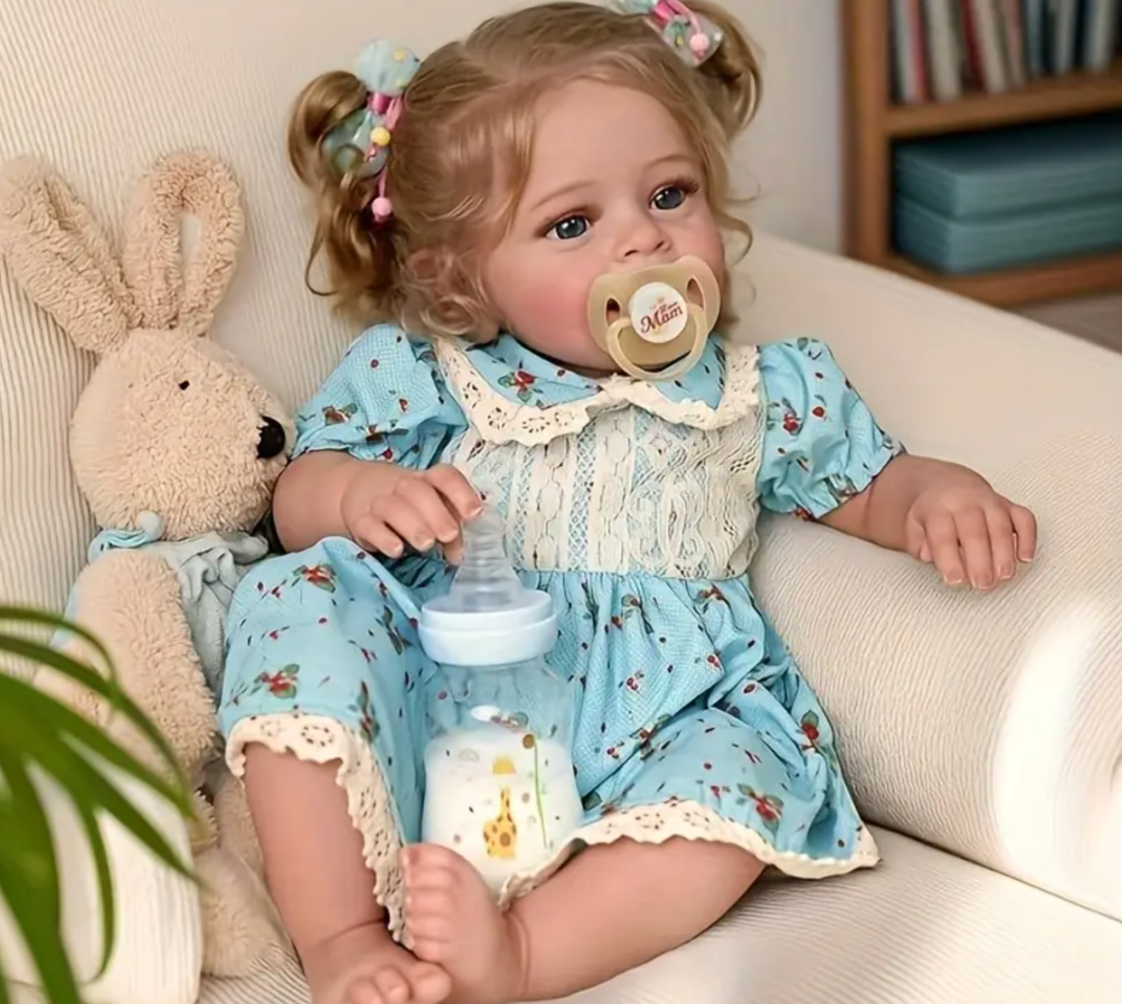 50.8 cm Realistic Reborn Baby Doll with Blue Dress & Bunny, Vinyl Baby Fat Limbs + Cloth Body