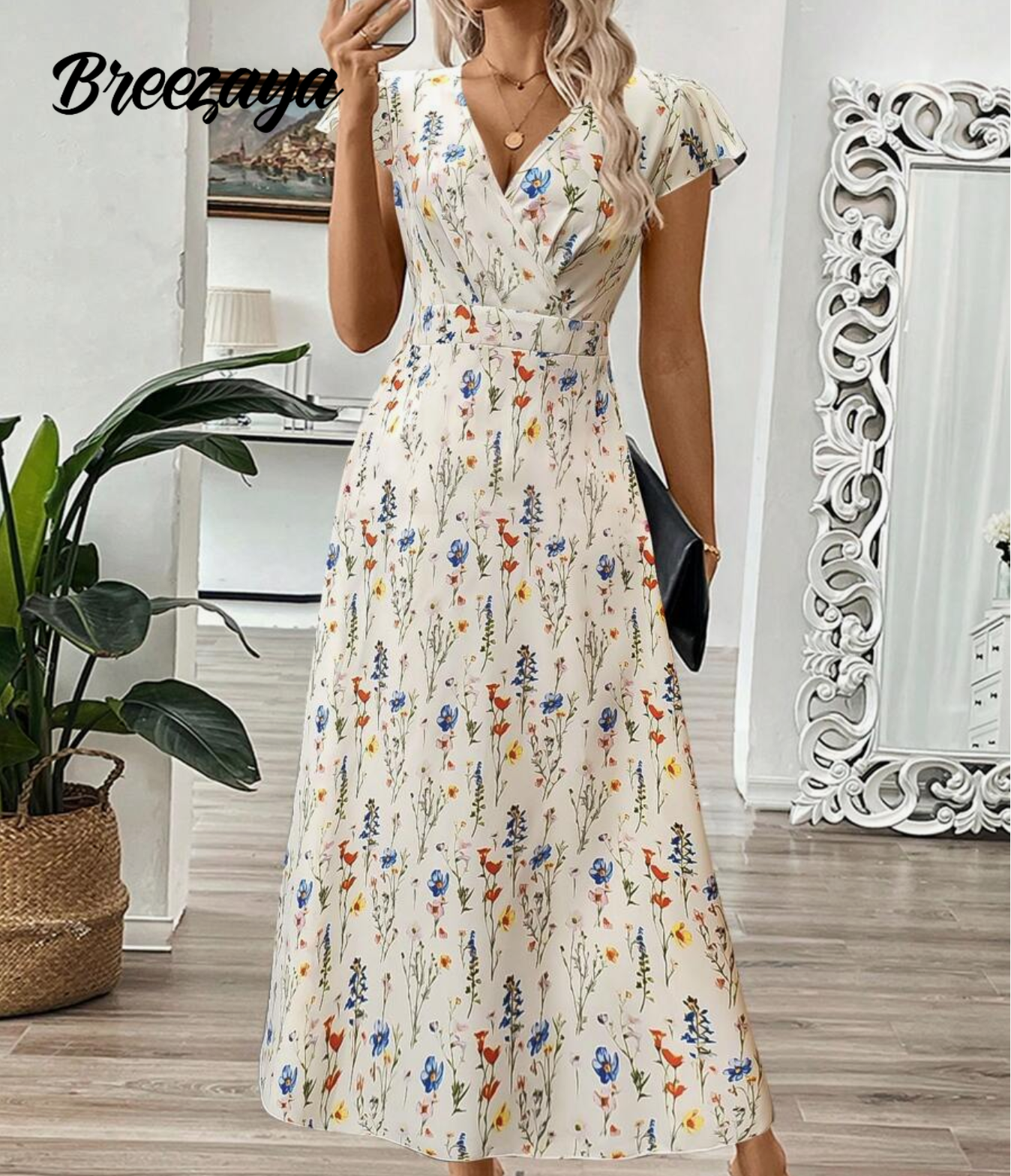 Breezaya Women's Summer V-Neck Long Branch & Leaf Print Cinched Waist A-Line Dress
