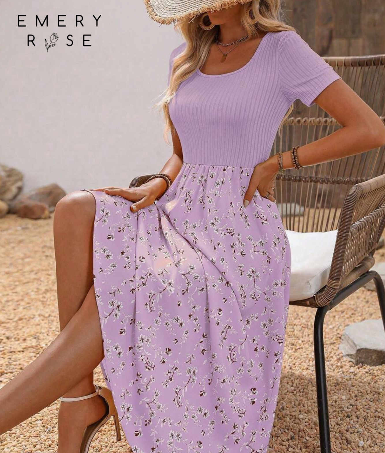 EMERY ROSE Solid Color Spliced Round Neck Short Sleeve Ruched Simple Dress,