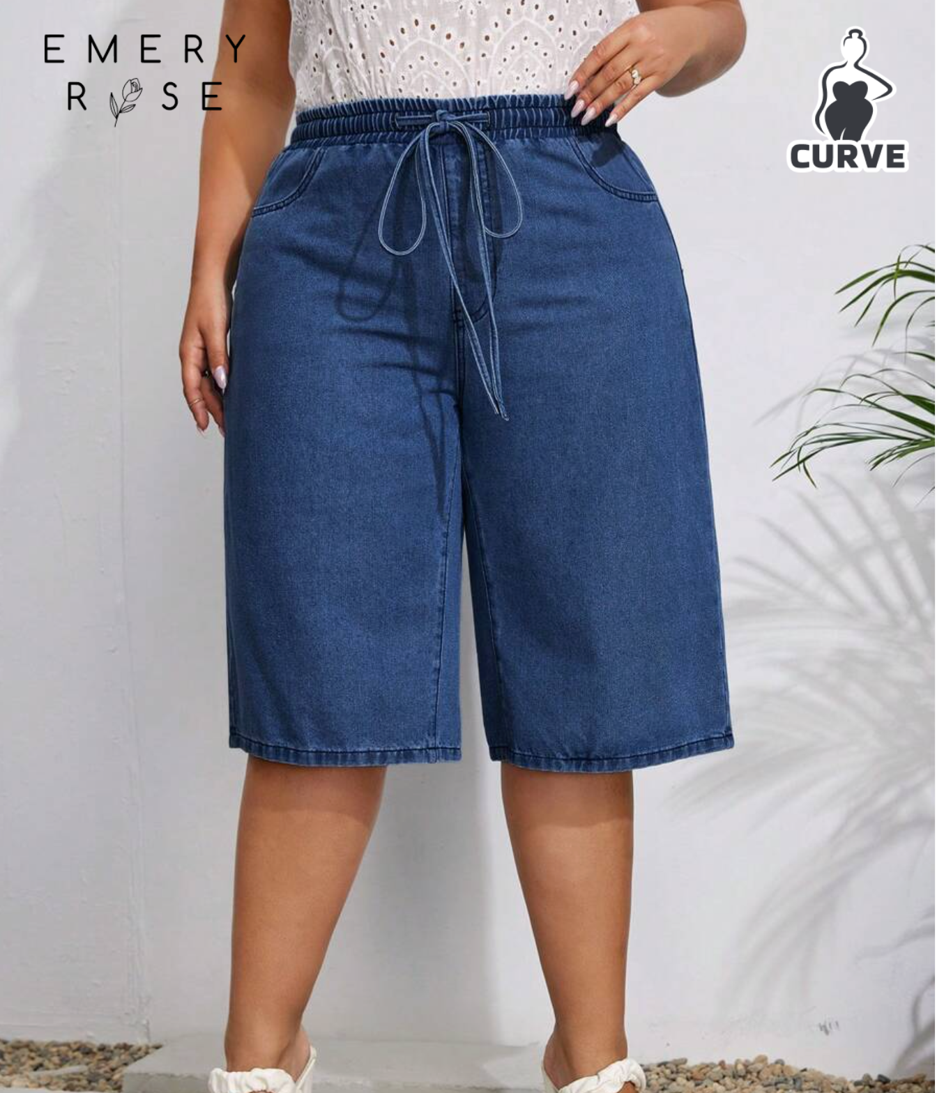 EMERY ROSE Plus Drawstring Waist Bermuda Denim Shorts