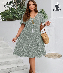 EMERY ROSE Plus Size Women's Summer Ditsy Floral Ruffle Sleeve Holiday Dress
