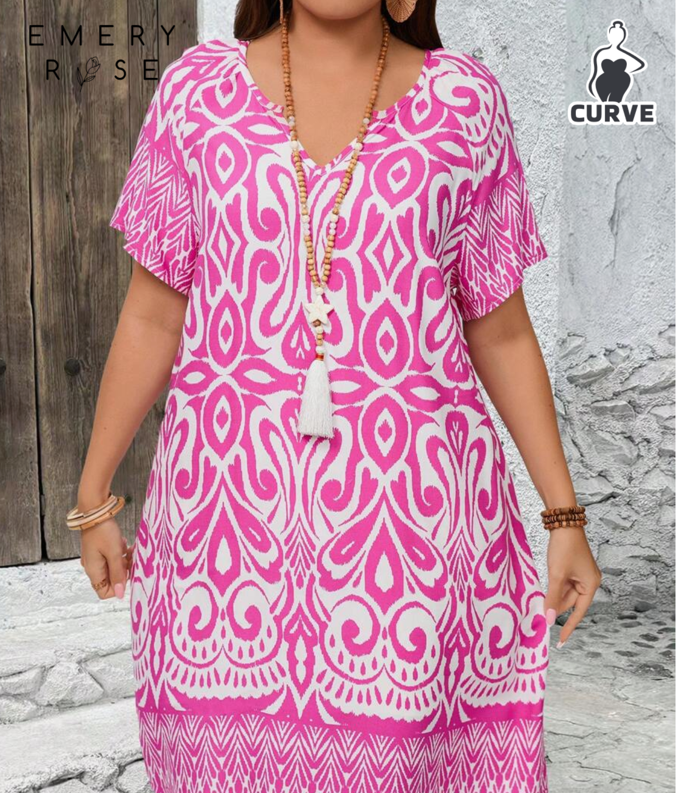 EMERY ROSE Plus Size Watermelon Red Print V-Neck Knee-Length Vacation Dress