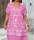 EMERY ROSE Plus Size Watermelon Red Print V-Neck Knee-Length Vacation Dress