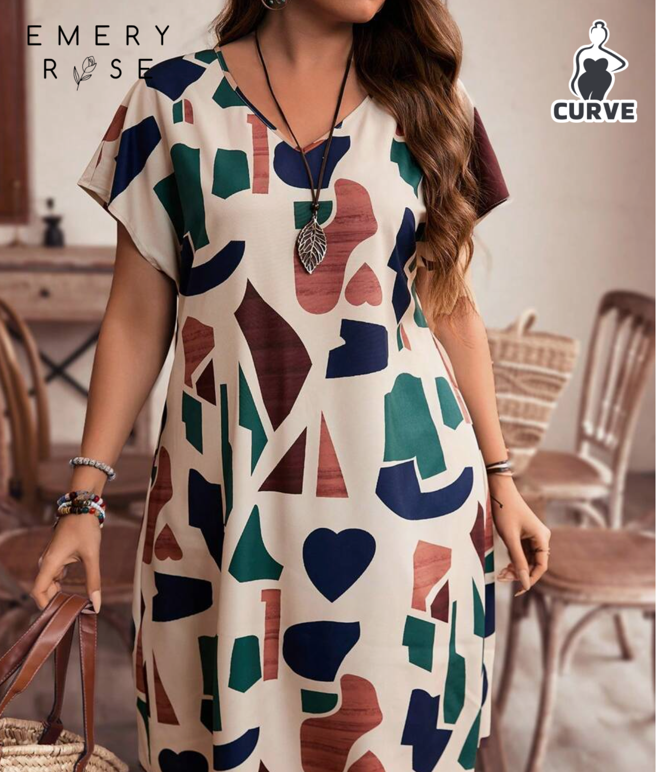 EMERY ROSE Plus Size Women's Summer Geometric Printed V-Neck Batwing Sleeve Straight Dress