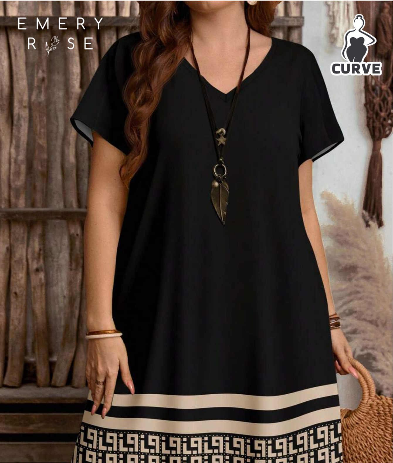 EMERY ROSE Plus Size Casual Minimalist Versatile Black Graphic Trim V-Neck Sleeveless Dress,
