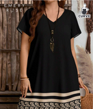 EMERY ROSE Plus Size Casual Minimalist Versatile Black Graphic Trim V-Neck Sleeveless Dress,