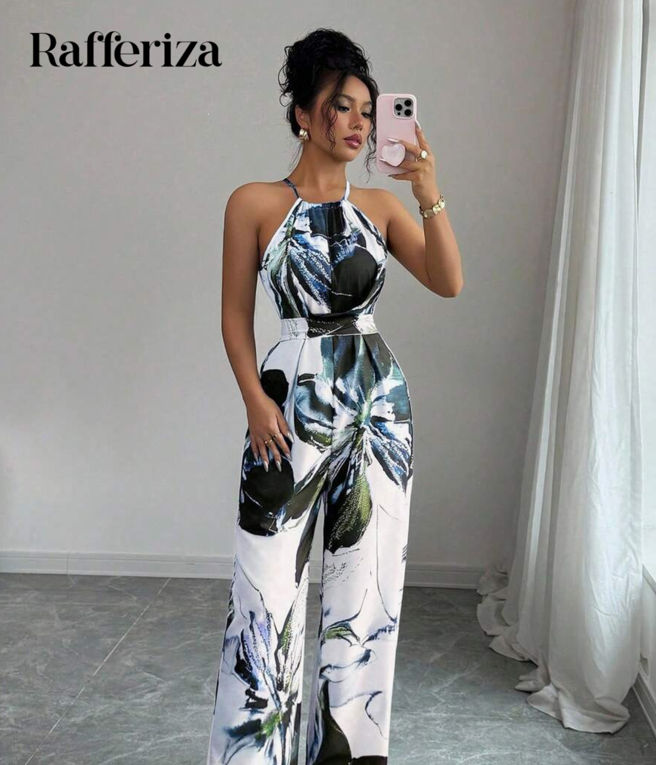 Rafferiza Women's Elegant Floral Print Halter Jumpsuit