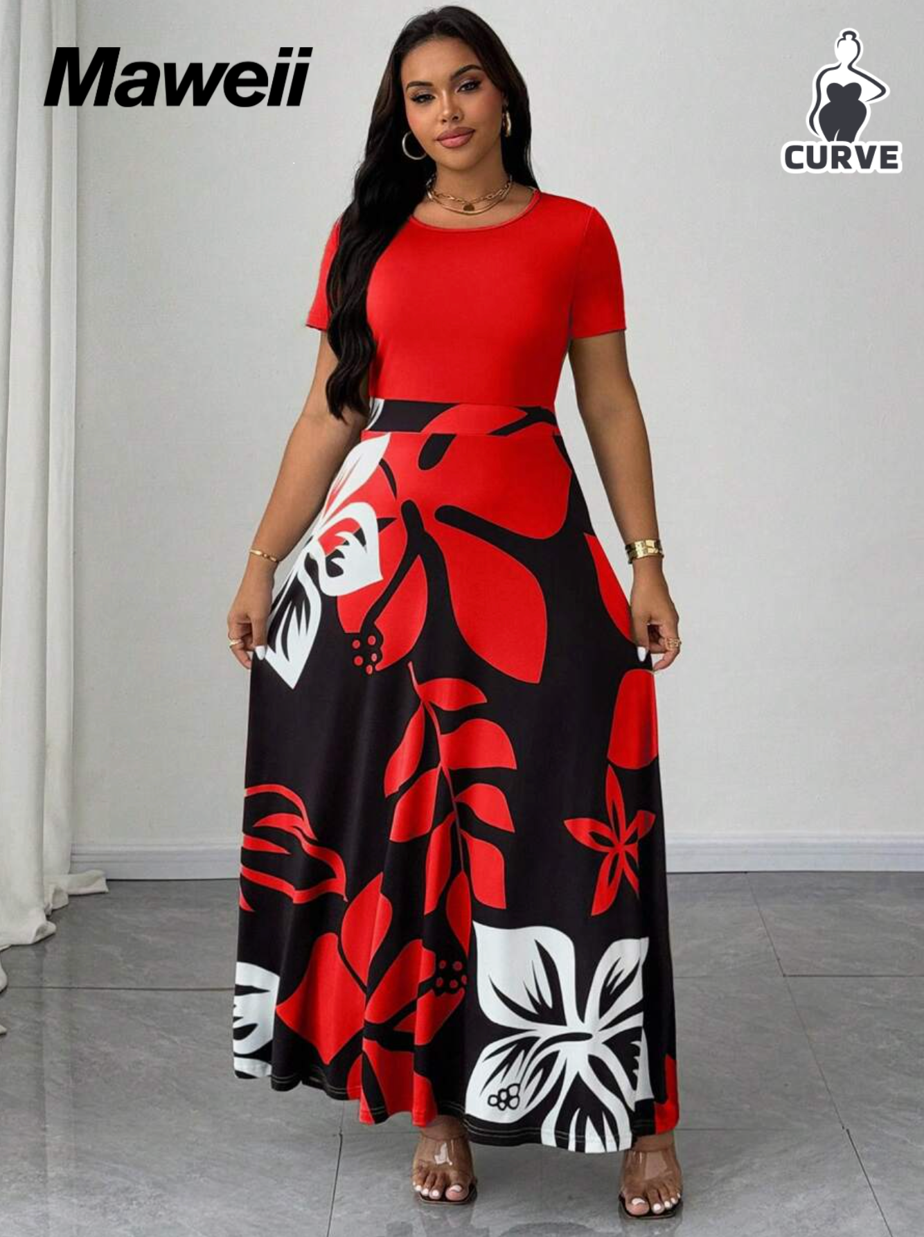 Maweii Plus Size Women's Casual Printed Round Neck Short Sleeve Dress
