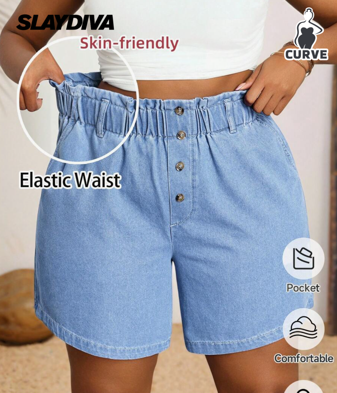 Slaydiva Plus Size Elastic Waist Loose Denim Shorts, Blue Womens Elastic Waist Shorts