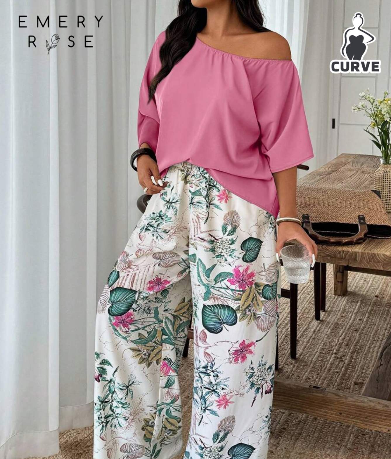 EMERY ROSE Random Print Casual/Holiday Style Plus Size Women's Solid Color
