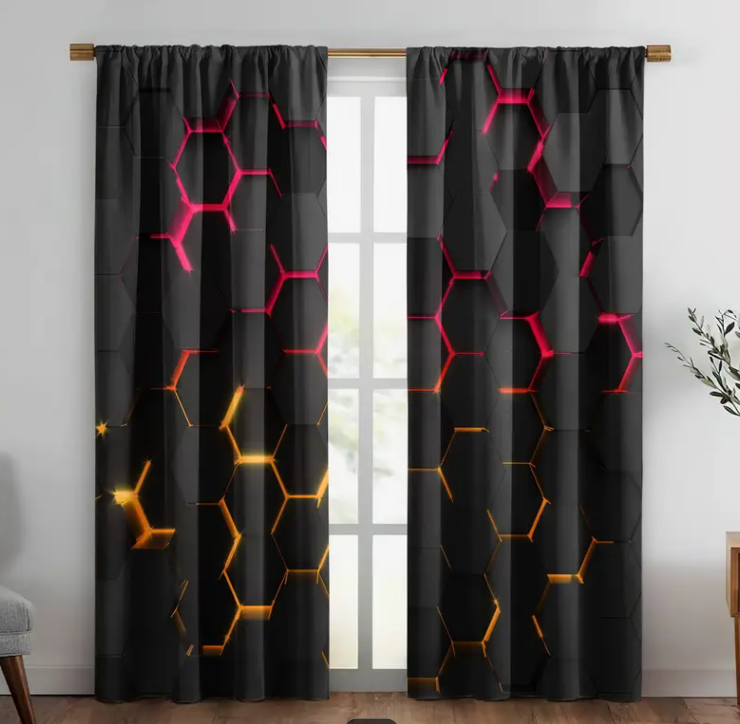 2pcs Blackout Thermal Insulated Curtains - Modern Window Drapes with Glowing Hexagon Patterns in Black, Orange, Red - Light Blocking & Energy Efficient Window Treatments