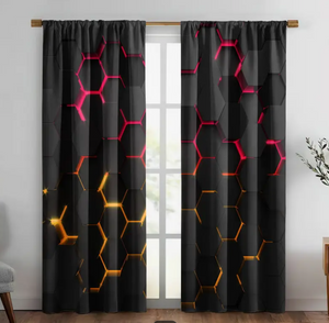 2pcs Blackout Thermal Insulated Curtains - Modern Window Drapes with Glowing Hexagon Patterns in Black, Orange, Red - Light Blocking & Energy Efficient Window Treatments