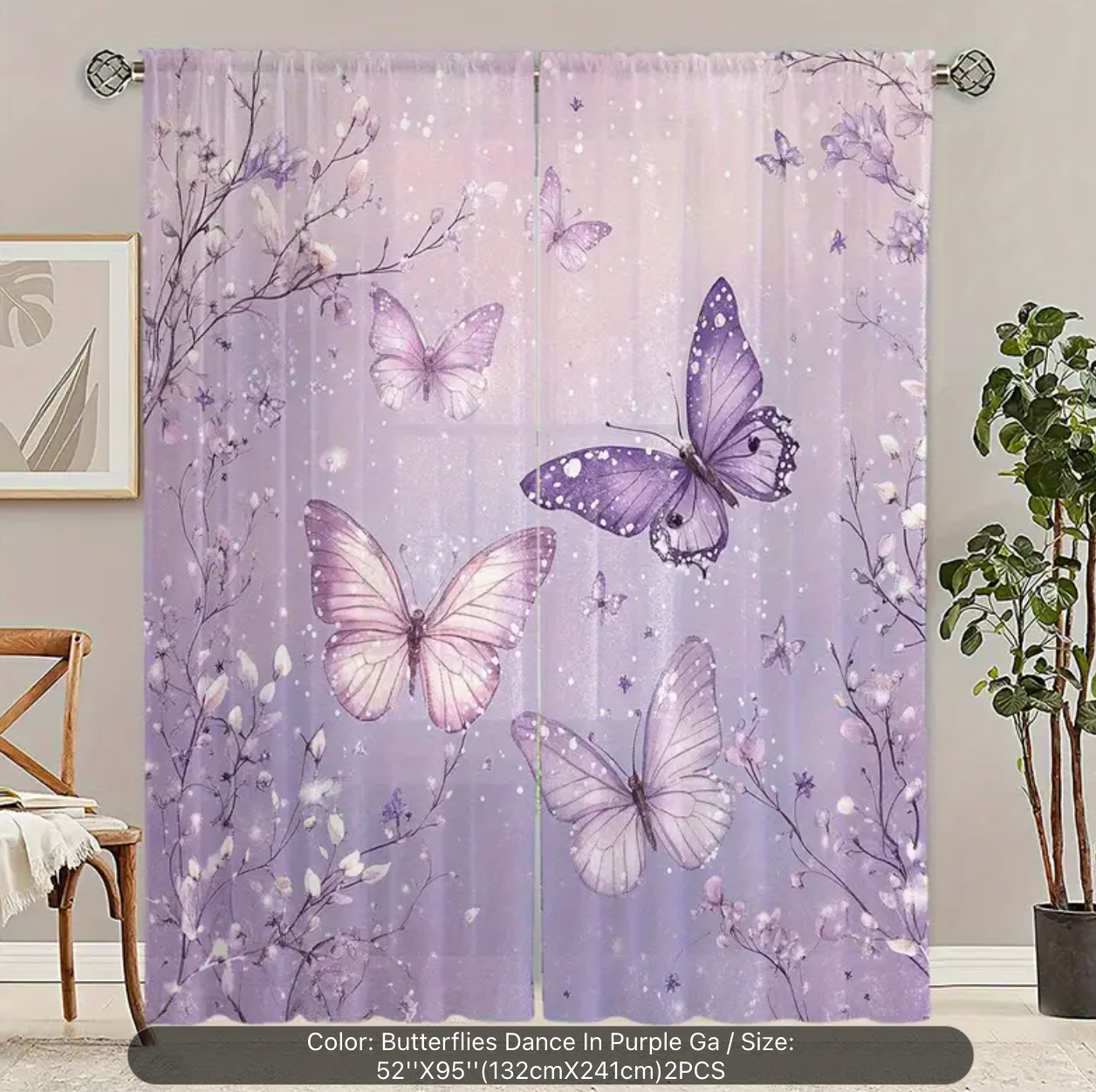 2pcs Vintage Floral Sheer Curtains, Purple Dreamy Field Design with Blooming Flowers& Fluttering Butterflies