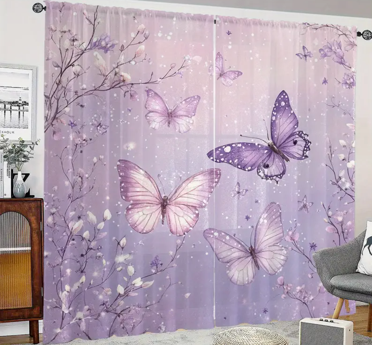 2pcs Vintage Floral Sheer Curtains, Purple Dreamy Field Design with Blooming Flowers& Fluttering Butterflies