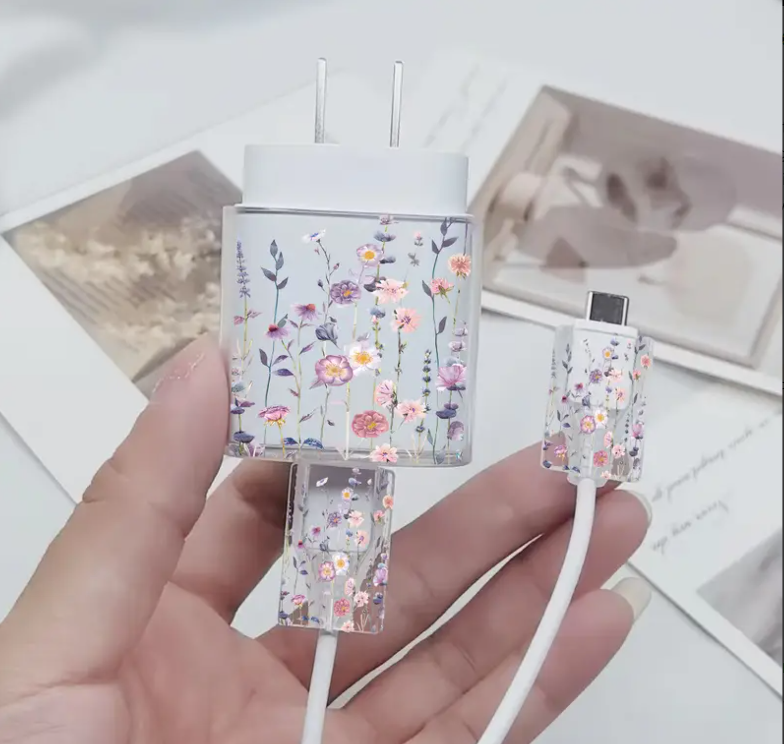 Purple Floral Pattern Set of 3pcs, for 25w Transparent Charger Protective Case for Galaxy Mobile Phone Charger Protective Case 25W Charger Protection Kit,