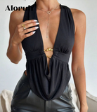 Aloruh Women Draped Neck Ruched Metal Decor Sexy Elegant Camisole