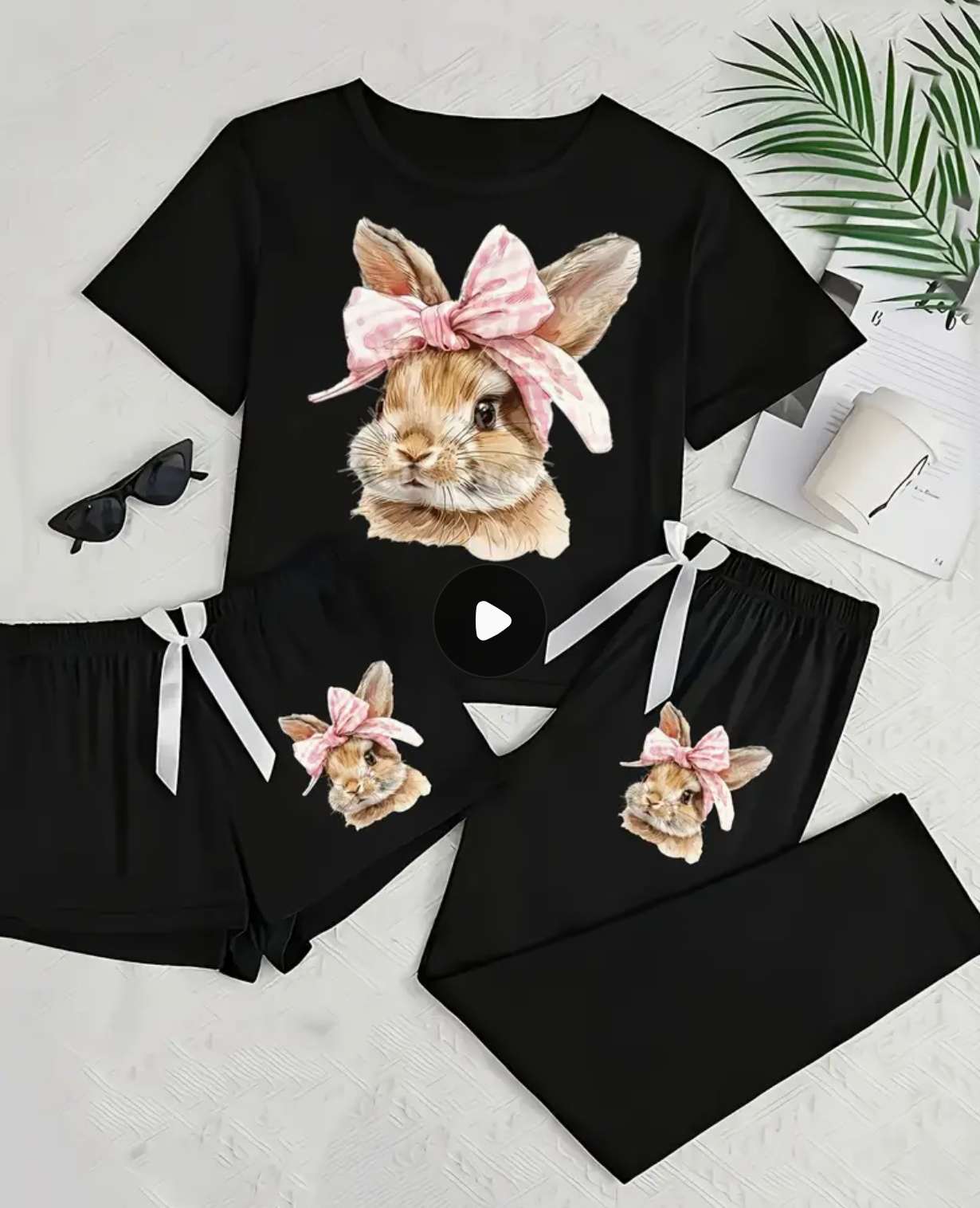 Women'S Casual Cute Cartoon Three-Piece Pajama Set - Black Short Sleeve Top with Pink Bow & Rabbit Design, Matching Shorts & Pants, Soft Round Neck Sleepwear for All Seasons, Cozy Loungewear, Playful Design, Comfortable Fit