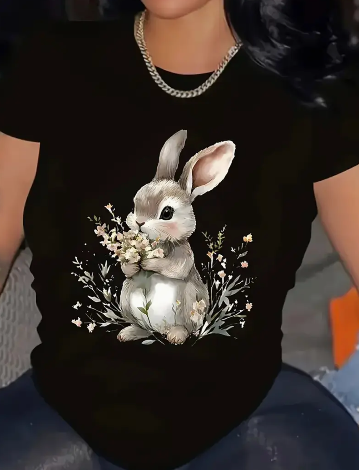 1pc Women's Casual Short Sleeve T-Shirt - Cute Rabbit Holding Flowers Print, Black with Pastel Floral Design, Soft Breathable Fabric, Machine Washable, Birthday Holiday Gift for Women & Teens, Everyday Casual Wear, Playful Graphic Tee, Comfortable Fit Tee