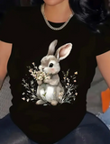 1pc Women's Casual Short Sleeve T-Shirt - Cute Rabbit Holding Flowers Print, Black with Pastel Floral Design, Soft Breathable Fabric, Machine Washable, Birthday Holiday Gift for Women & Teens, Everyday Casual Wear, Playful Graphic Tee, Comfortable Fit Tee