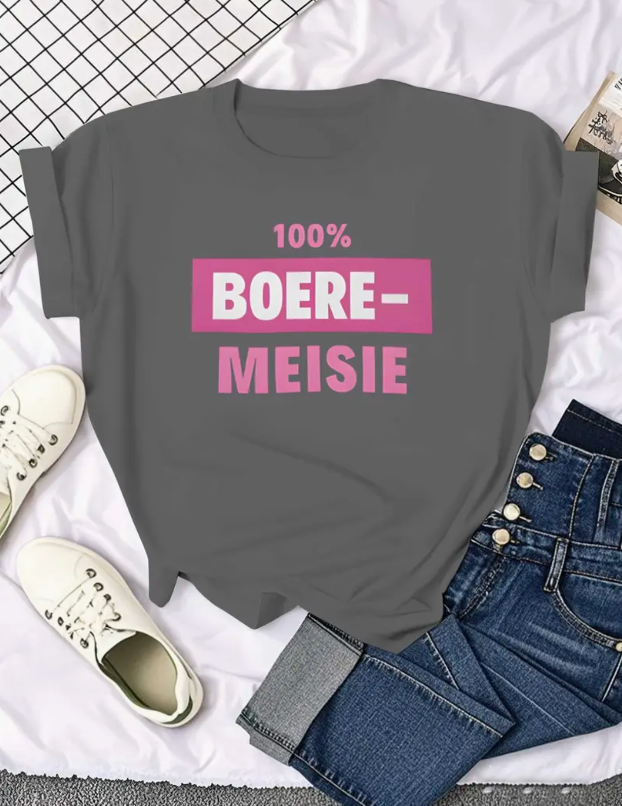 Afilica safrica Women's Afrikaans Graphic T-Shirt - 100% Pure Casual Relaxed Fit Short Sleeve with "100% Boere - Miesie" Print & Afrikaans Lettering - All-Season Comfort for Casual Attire & South African Culture Apparel