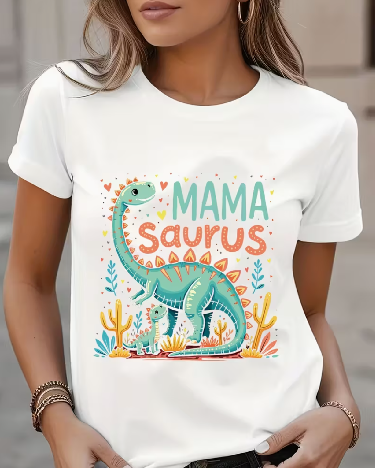 Women's Casual Short Sleeve T-Shirt - Mama Saurus Dinosaur