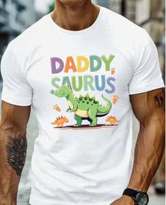 Men's "Daddy Saurus" Cartoon Dinosaur Graphic T-Shirt - Lightweight Crew Neck Short Sleeve Tee for Summer,