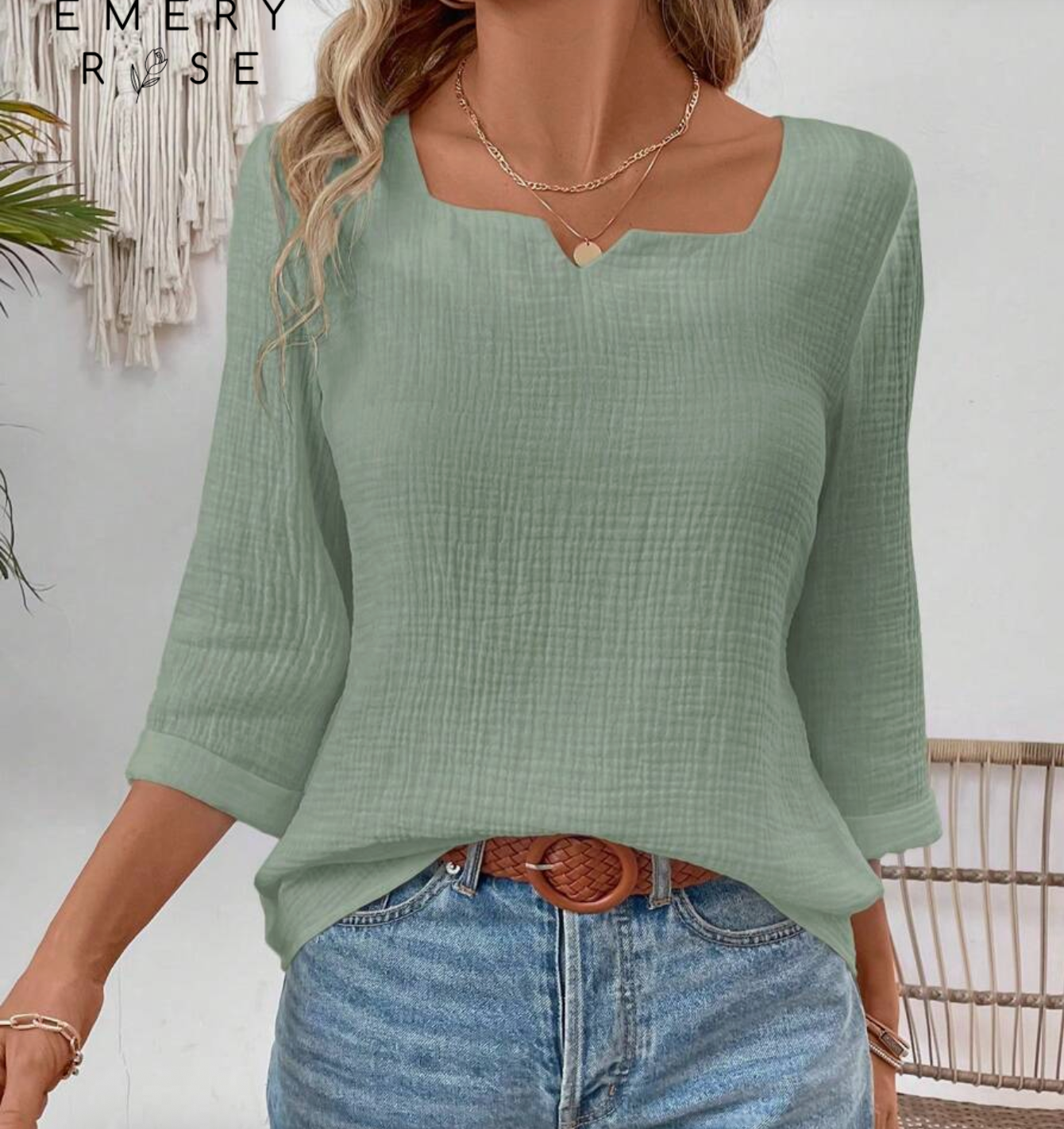 EMERY ROSE Women's Solid Color 3/4 Sleeve Casual Loose Versatile Blouse