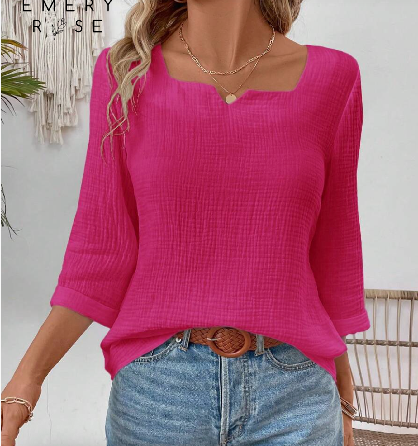 EMERY ROSE Women's Solid Color 3/4 Sleeve Casual Loose Versatile Blouse