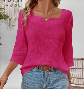 EMERY ROSE Women's Solid Color 3/4 Sleeve Casual Loose Versatile Blouse