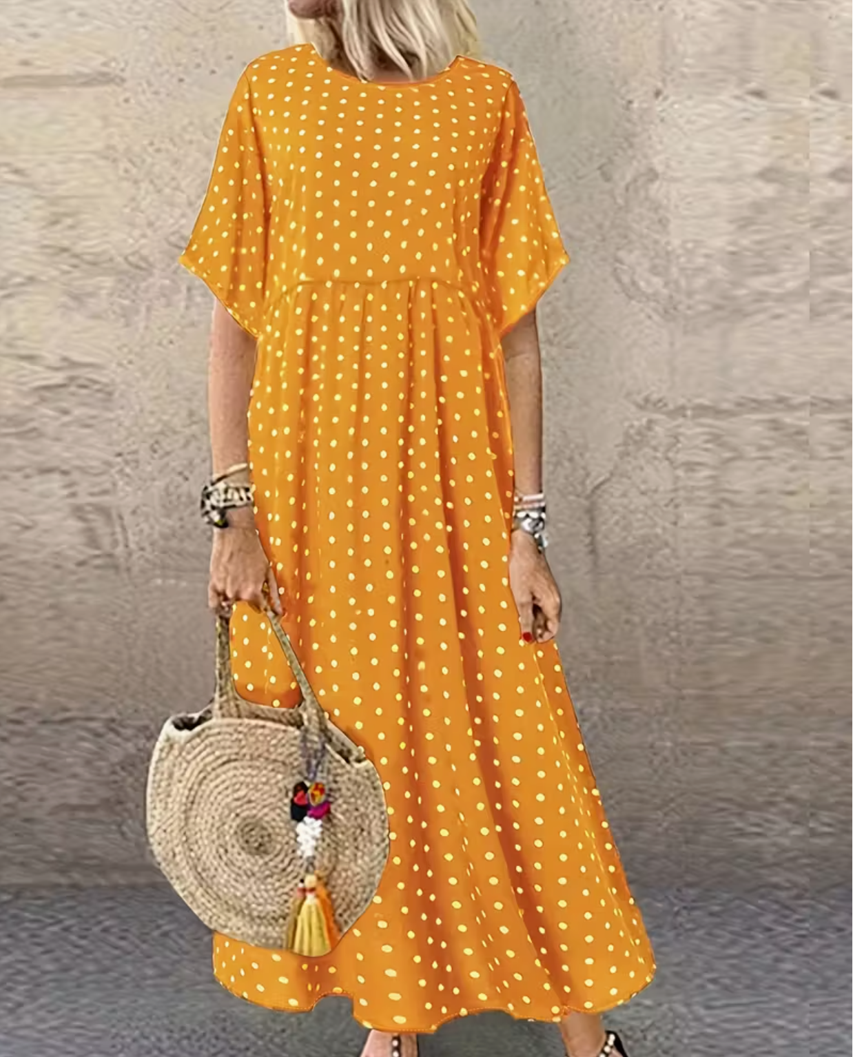 Women'S Summer Casual Polka Dot Rayon/Viscose Dress - Crew Neck, Short Sleeve, Loose Fit, Woven Midi Dress