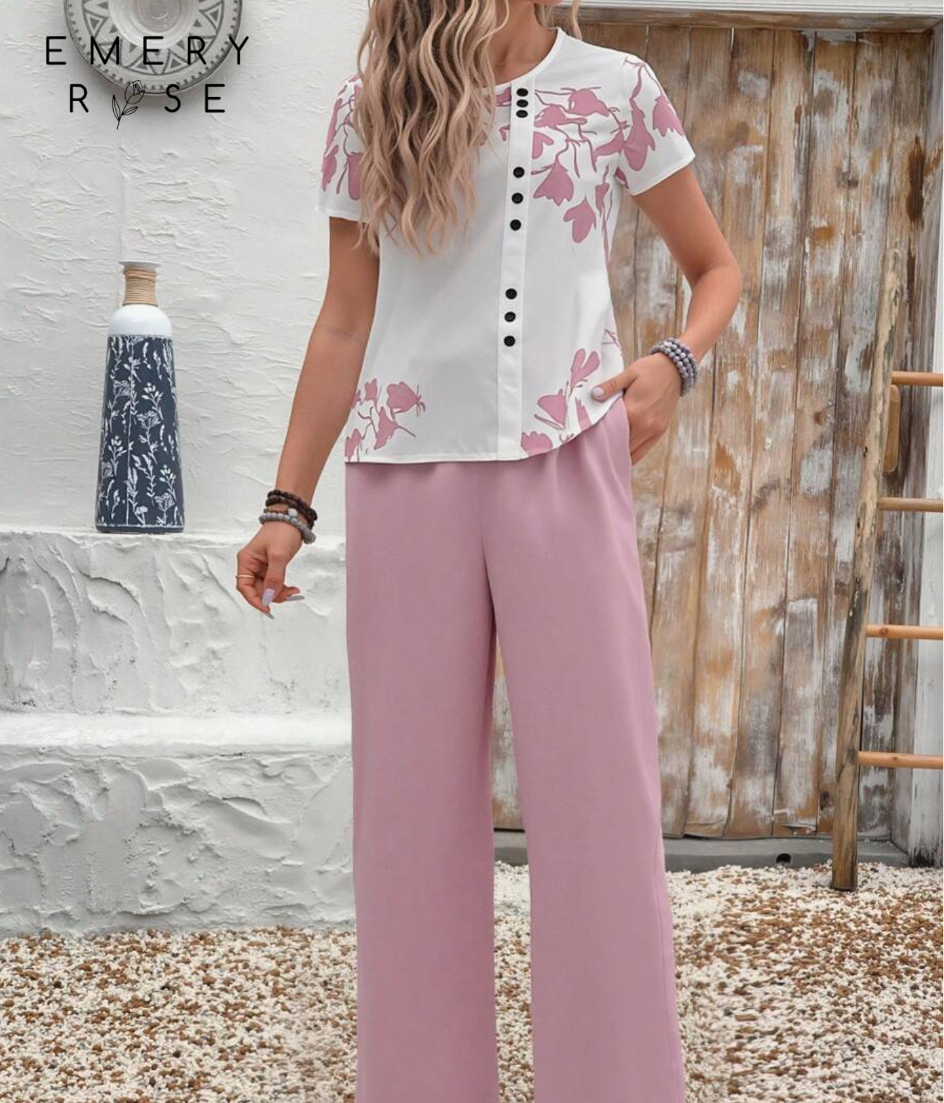 EMERY ROSE Women Solid Color Round Neck Short Sleeve Top And Flower Print Wide Leg